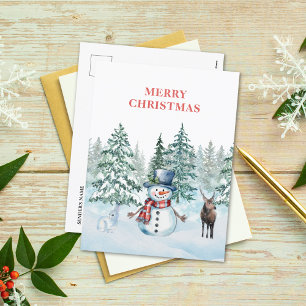 Postal Festiva Conejo de Snowman y Navidades de renos acuáticos