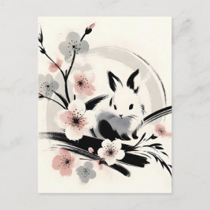 Postal Festiva Conejo de tinta zen minimalista con flores de cere