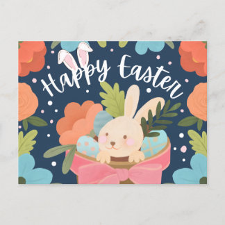 Postal Festiva Conejo dulce en cesta de regalo “Feliz Pascua”