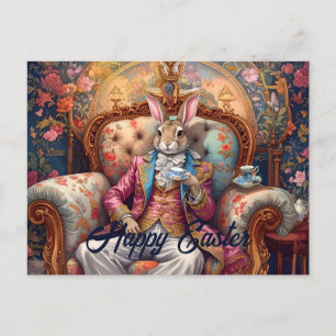 Postal Festiva Conejo elegante bebiendo té Feliz Pascua