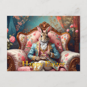 Postal Festiva Conejo elegante bebiendo té Feliz Pascua