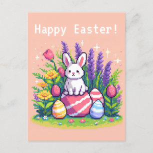 Postal Festiva Conejo feliz de Pascua de 8 bits de píxel