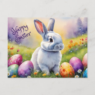 Postal Festiva Conejo feliz de Pascua en la pradera 