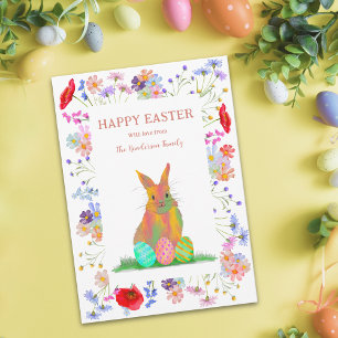 Postal Festiva Conejo Feliz Pascua Personalizado Huevos Floral Li