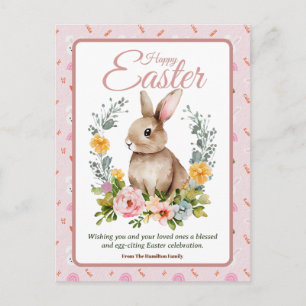 Postal Festiva Conejo Floral Corona de Acuarela Pascua