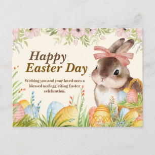 Postal Festiva Conejo floral de Pascua feliz día de acuarela con