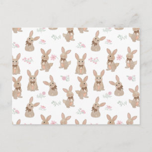 Postal Festiva Conejo Floral Flores Silvestres Lazo Coquette