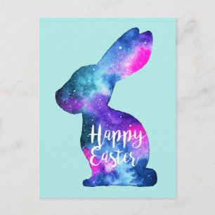 Postal Festiva Conejo galáctico acuarela Pascua