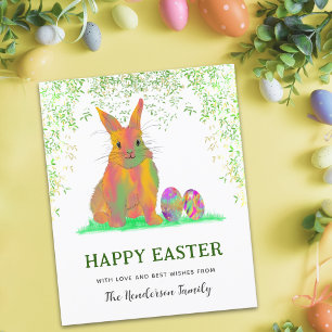 Postal Festiva Conejo Lindo de Pascua Personalizado Acuarela