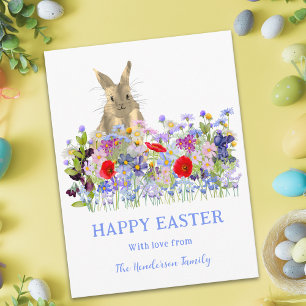 Postal Festiva Conejo Lindo Feliz Pascua Personalizado Flores Sil