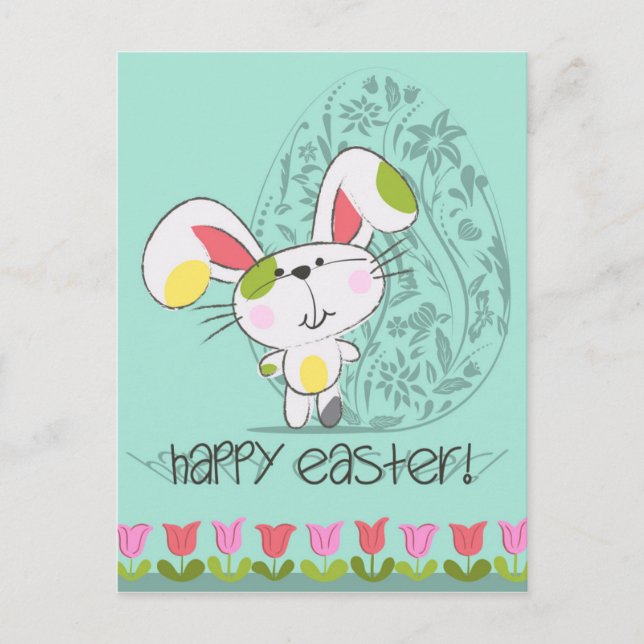 Postal Festiva Conejo personalizado Cute Blue Happy Easter (Anverso)