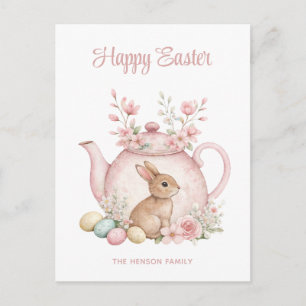 Postal Festiva Conejo personalizado y tetera floral rosa Feliz Pa