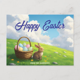 Postal Festiva Conejo y cesta de Pascua de primavera en un prado 