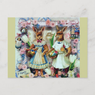 Postal Festiva Conejos de Pascua Bunnies Vestidos Victorianos Hue