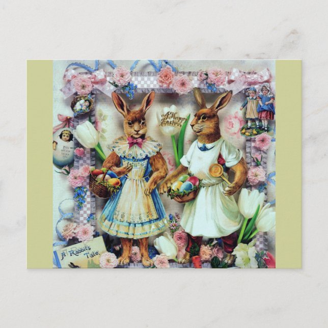 Postal Festiva Conejos de Pascua Bunnies Vestidos Victorianos Hue (Anverso)