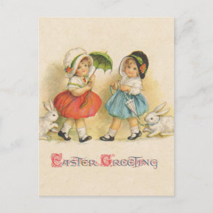 Postal Festiva Conejos de Pascua vintage niños sombreros Antiguo