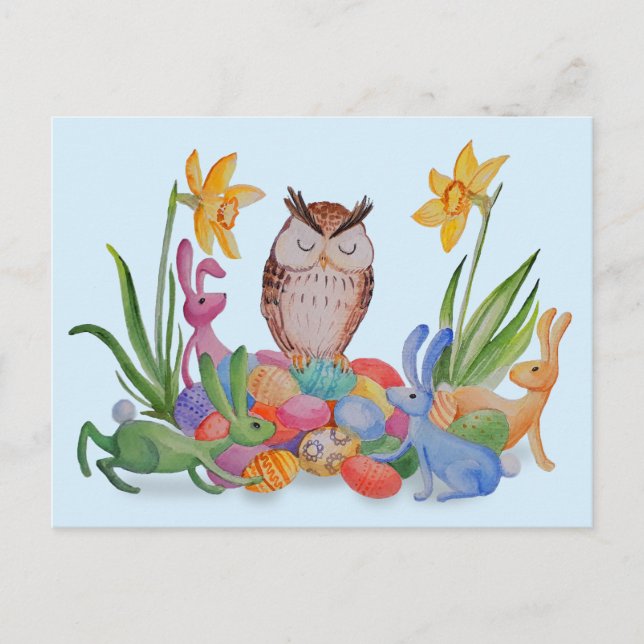 Postal Festiva conejos de Pascua y búho (Anverso)