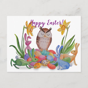 Postal Festiva conejos de Pascua y búho