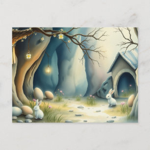 Postal Festiva Conejos de Pascua y huevos de Pascua en el bosque