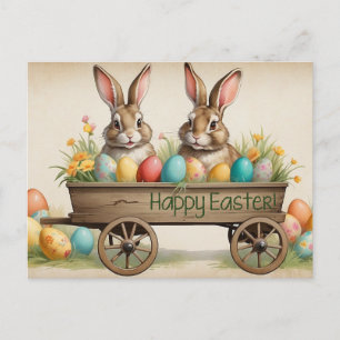 Postal Festiva Conejos felices de Pascua en el carro