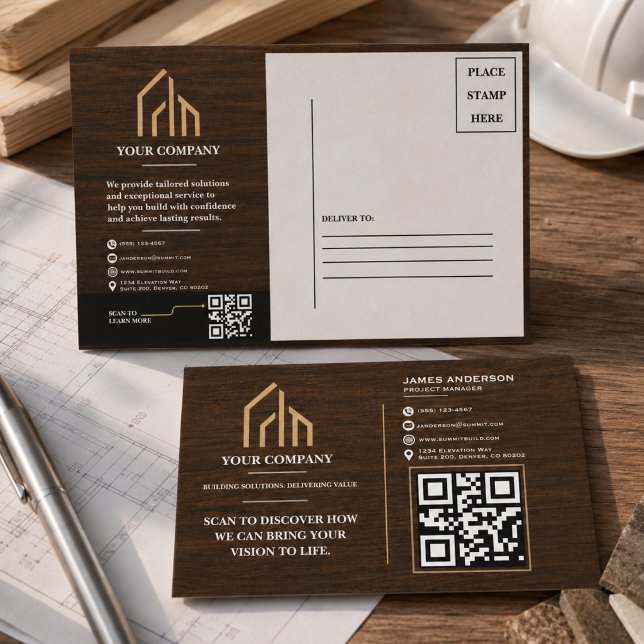 Postal Festiva Construcción de código QR de grano de madera moder (Modern Wood Grain QR Code Construction Holiday Postcard
)