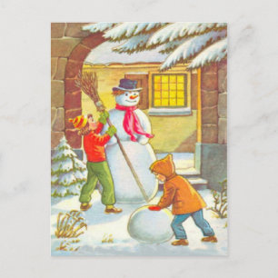 Postal Festiva Construyendo muñecos de nieve