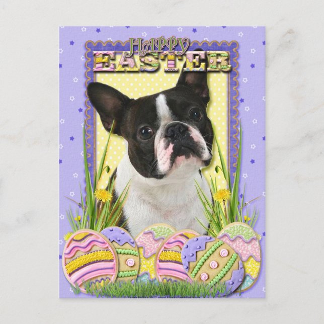 Postal Festiva Cookies de Huevo de Pascua - Boston Terrier (Anverso)