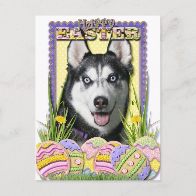 Postal Festiva Cookies de Huevo de Pascua - Husky Siberiano (Anverso)