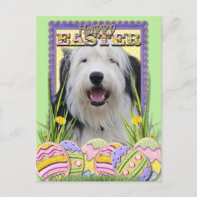 Postal Festiva Cookies de Huevo de Pascua - Sheepdog inglés viejo (Anverso)