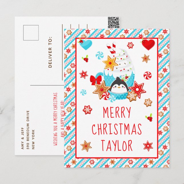 Postal Festiva Cookies y Cocoa Blue Merry Christmas (Anverso / Reverso)