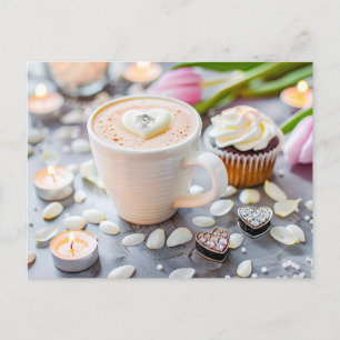 Postal Festiva Copa Cappuccino con corazón flotante y compromiso