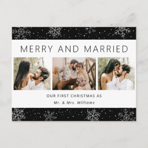 Postal Festiva Copos de nieve de recién casados Foto en blanco y