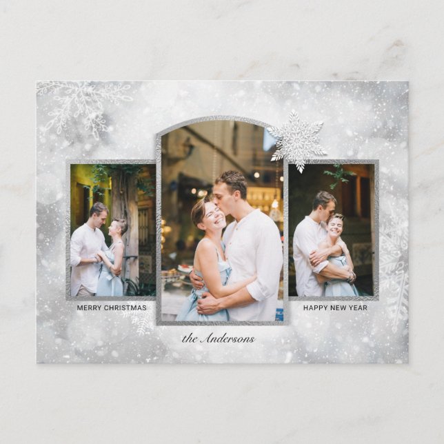 Postal Festiva Copos de nieve mágicos de plata espartana de 3 fot (Anverso)