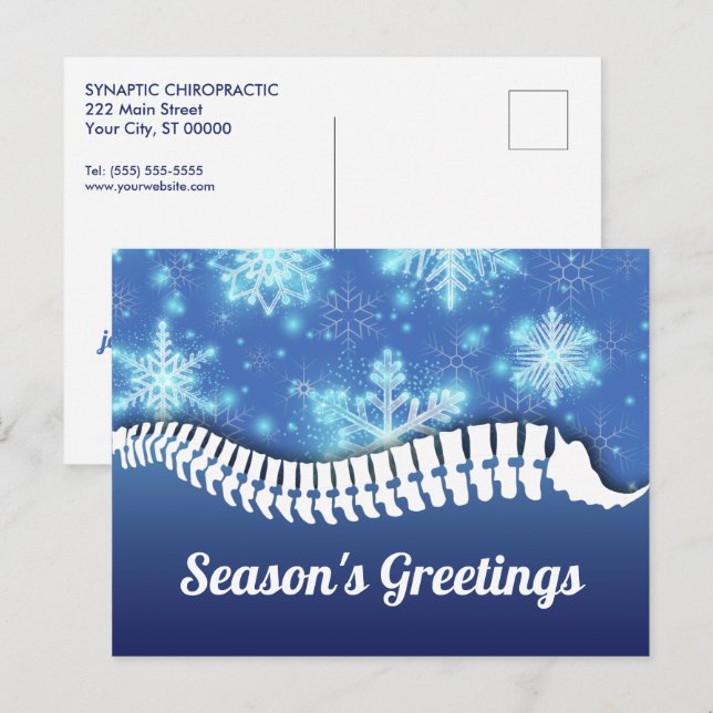 Postal Festiva Copos de nieve y quiropráctica de espina dorsal (Anverso / Reverso)