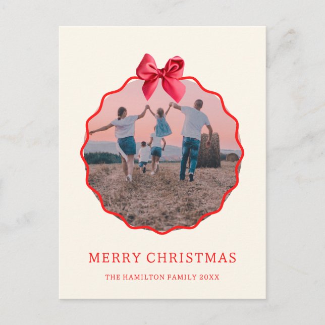 Postal Festiva Coquette Navidades Red Bow Wavy Photo (Anverso)