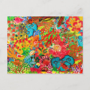Postal Festiva Coral de oro Verano Tropical Océano acuarela