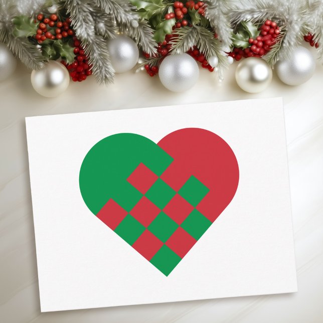 Postal Festiva Corazón danés rojo verde (Red Green Danish Heart Holiday Postcard)