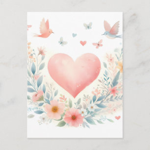 Postal Festiva Corazón de acuarela suave amor flores pájaros