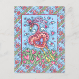 POSTAL FESTIVA CORAZÓN DE FLAMINGO ROSA Y CORAZÓN DE VUELO VALENT