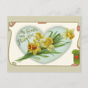 Postal Festiva Corazón vintage y Daffodils San Valentín