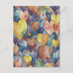 Postal Festiva corazones amarillos rosas azul naranja