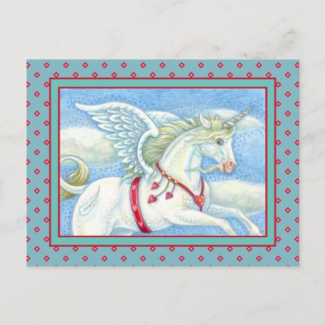 POSTAL FESTIVA CORAZONES DE VUELO UNICORN BLANCO, FANTASY PEGASUS (Anverso)