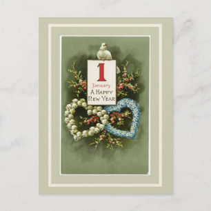 Postal Festiva Corazones florales vintage y paloma Feliz Año Nuev