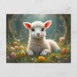 Postal Festiva Cordero de Pascua, bosque, huevos de Pascua