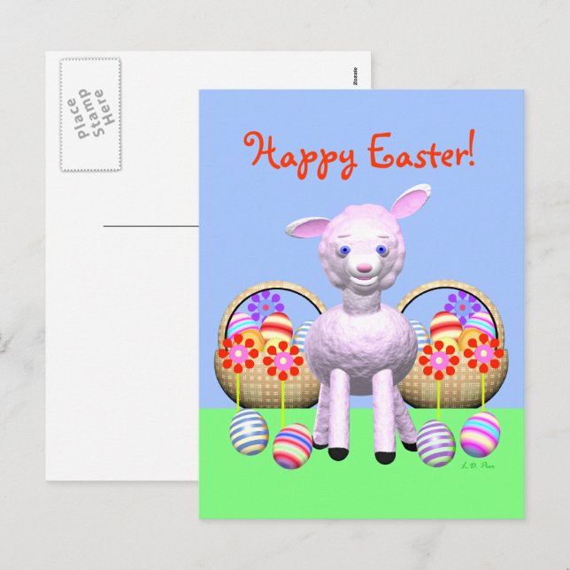 Postal Festiva Cordero de Pascua y canastas de huevos (Anverso / Reverso)
