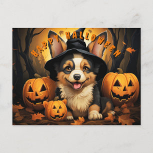 Postal Festiva Corgi De Halloween En Bosque Con Calabazas