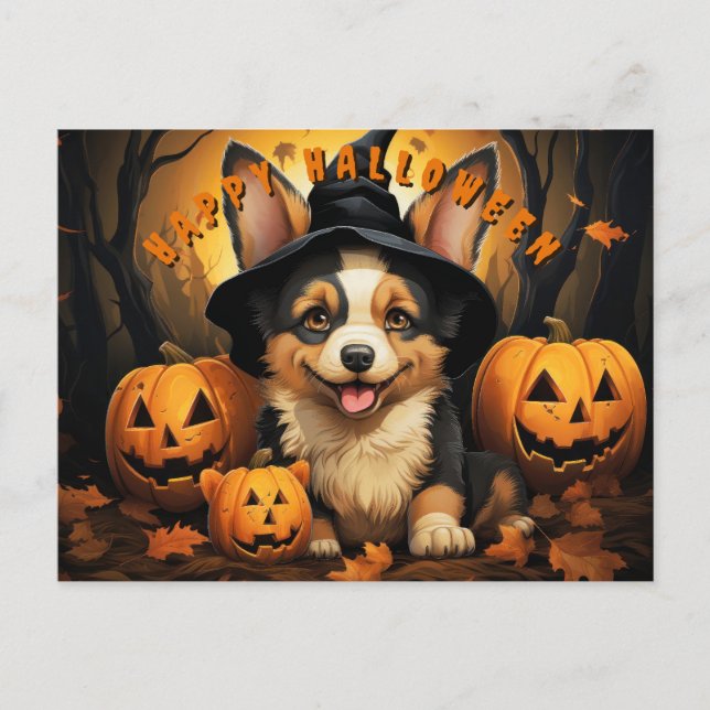 Postal Festiva Corgi De Halloween En Bosque Con Calabazas (Anverso)