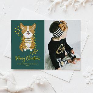 Postal Festiva Corgi Pintado a Mano con Luces Foto de Perro Navid
