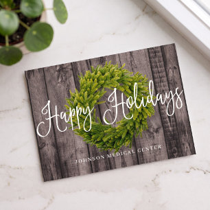 Postal Festiva Corona de Follaje en Madera Felices Fiestas Médi