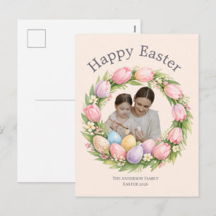 Postal Festiva Corona Floral y Foto Familiar Pascua Personalizada